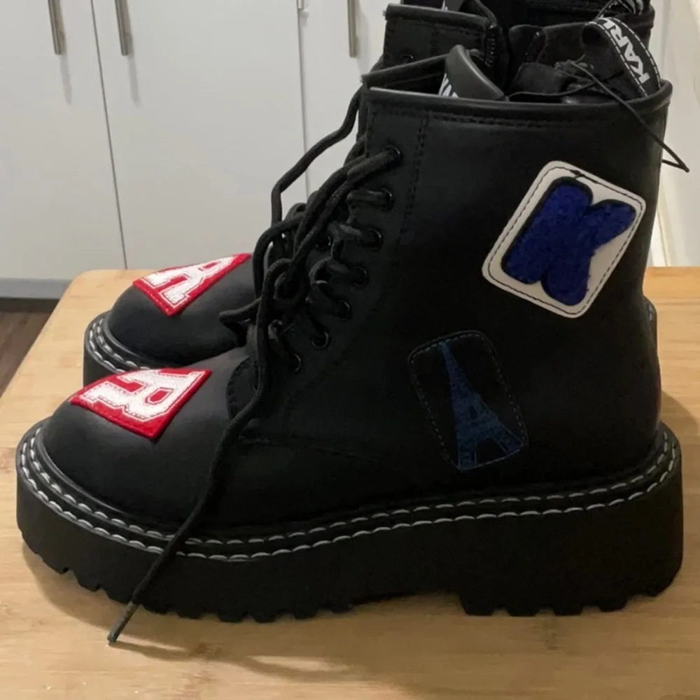 Karl Lagerfeld Black Combat Boots with Red Accents - Picture 5 of 11